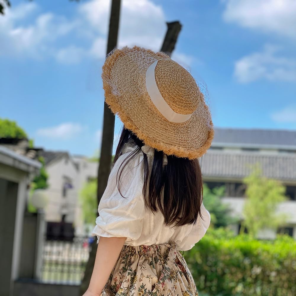 Generisch Cappello estivo per bambini in paglia Raffia - Cappello da sole con fascia in pizzo e tesa larga, protezione UV 4-8 anni