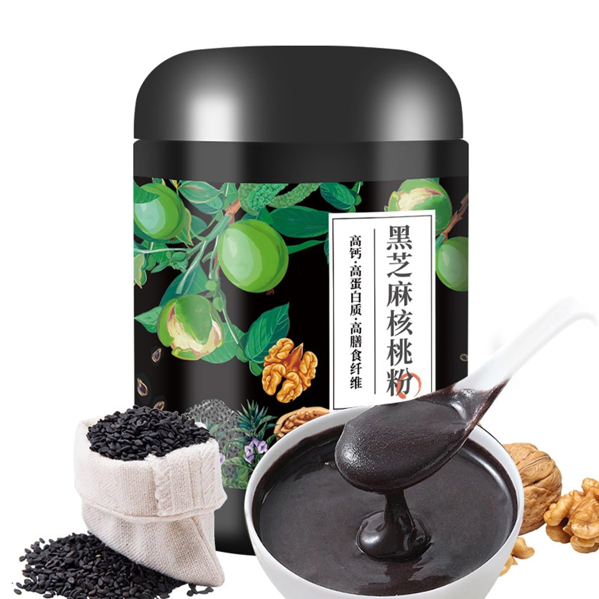 Polvo De Sésamo Negro Y Nuez 500g Lata, 7 Súper Alimentos Negros, Mezcla Instantánea Para Desayuno, Ideal Para Yogur Leche