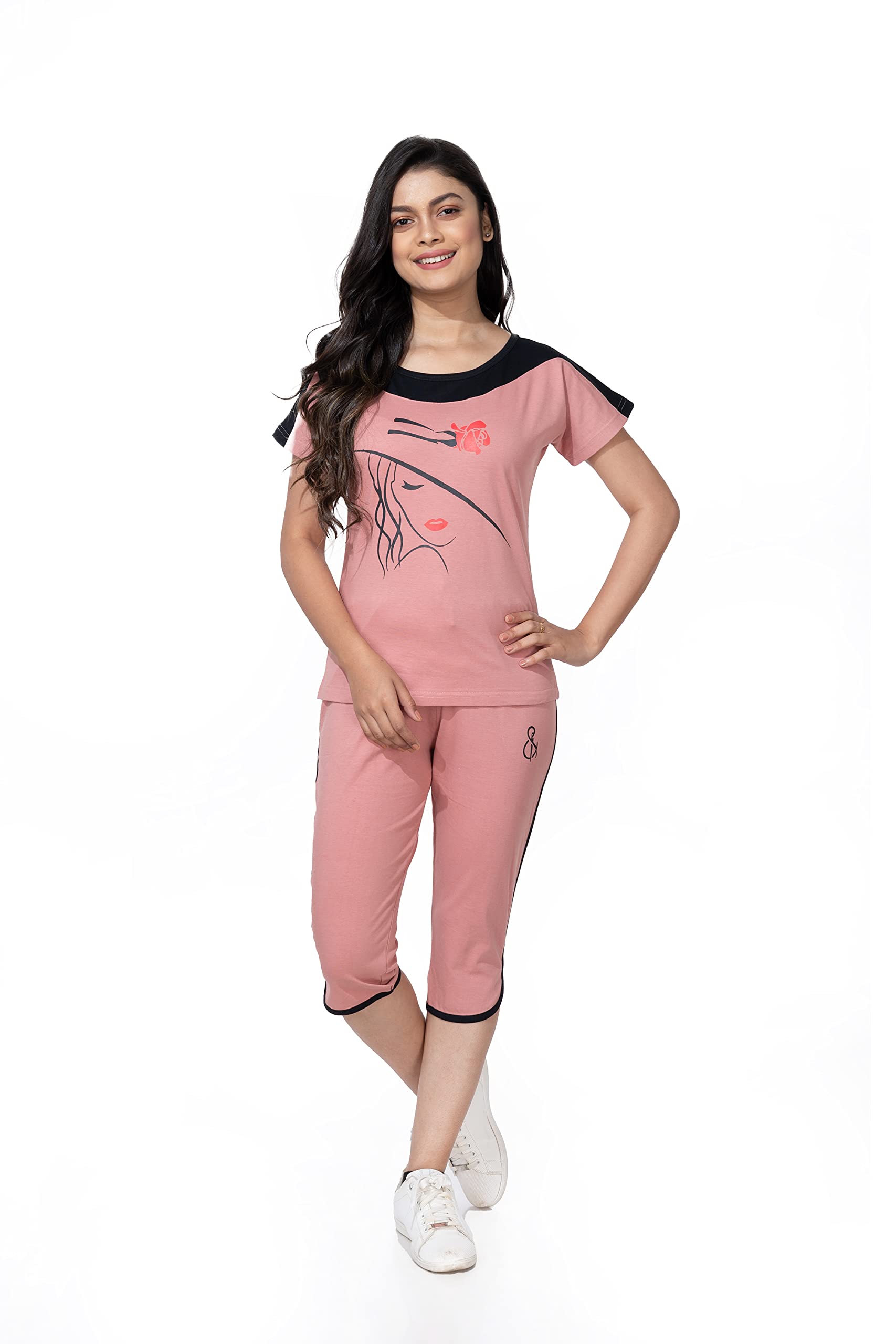 styleaone Women's Cotton Printed Night Suit Set of Top & Capri (Pink & Tuberose)-picture-25