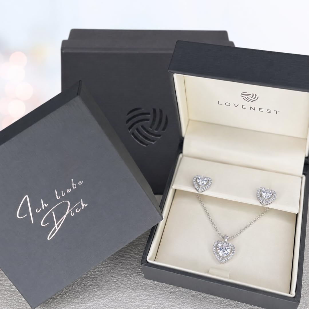 LOVENEST Schmuck Set Damen Silber 925/Rosegold/Gold ZIRKONIA | Herz Schmuckset 3tlg. zum Geburtstag Hochzeitstag Weihnachten | Kette und Ohrringe Set | Geschenk für Frau Ehefrau Freundin