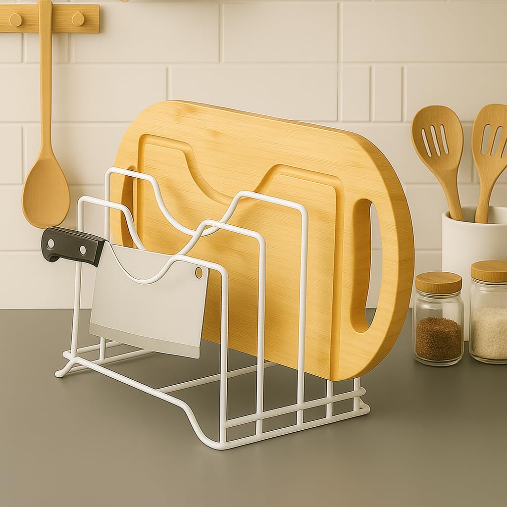 Craft Mshopr White Iron Pan Pot Lid Holder Stand – Kitchen Organizer Rack for Tawa, Cookware & Lids – Freestanding Countertop or Cabinet Lid Storage Rack, Heavy Duty Iron Lid Organizer