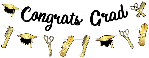 Hairdresser Graduation Decorations Black Golden Congrats Grad Banner Garland Cos