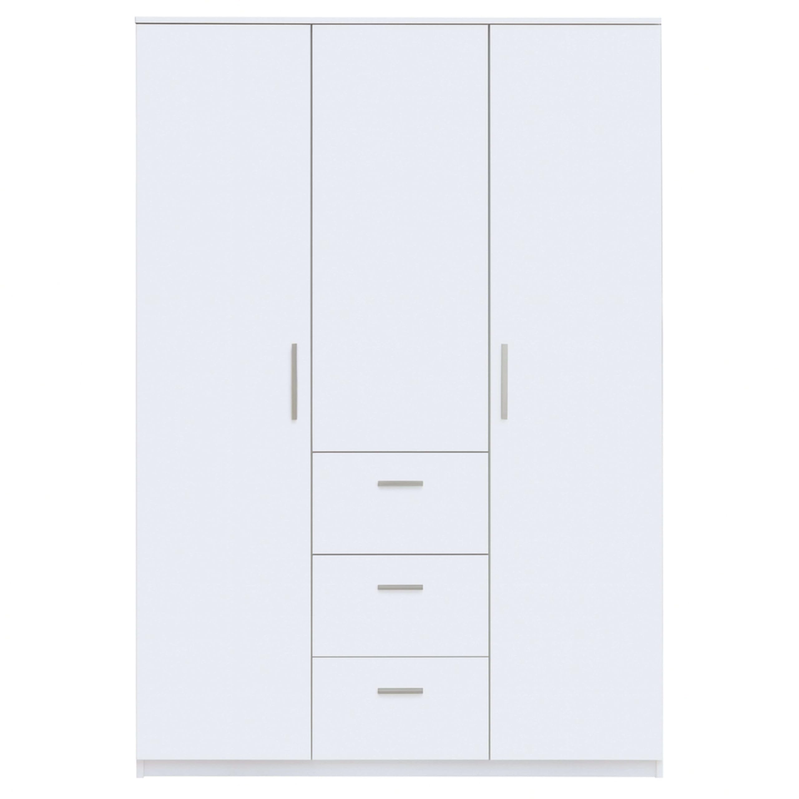 Habitdesign Armario Ropero 3 Puertas y 3 cajones, 203x117x52 (AltoxAnchoxFondo - en Cm), con Barra Colgadora y Estantes, Color Blanco Brillo