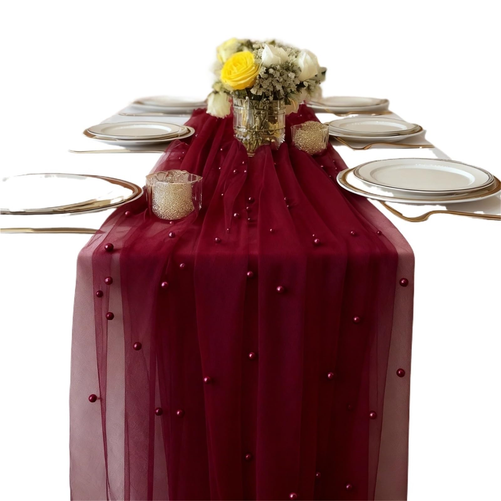 An Extra long Burgundy Pearl-embellished Tulle Table Runner For Weddings, Bridal Parties Holiday Decorations
