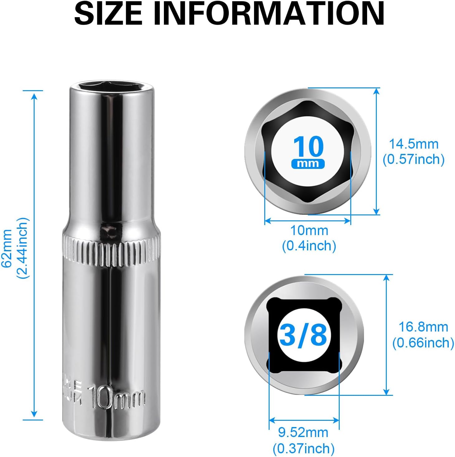 6-Pc 10mm Deep Sockets, 6-Point, 3/8-Inch Drive - Heavy Duty & Affordable Chrome Vanadium Steel, Fits Snap-on, Craftsman, DeWalt - Metric Standard Socket for Auto Repair, DIY & More