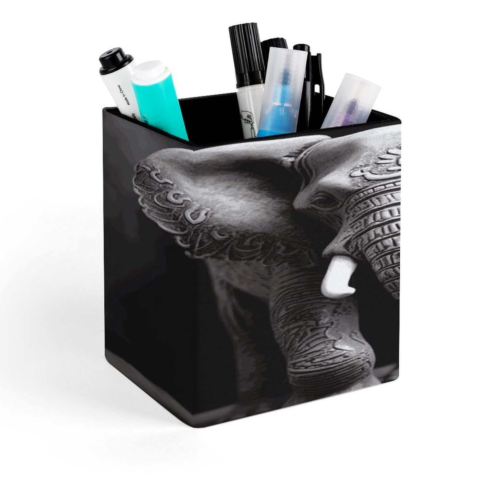 JTREHY Gray Elephant Pen Holder Square Pen Pencil Holder Makeup Brush Holders Cup PU Leather Pencil Cups Desktop Caddy Stationery Organizer Case Office Accessories Container Box