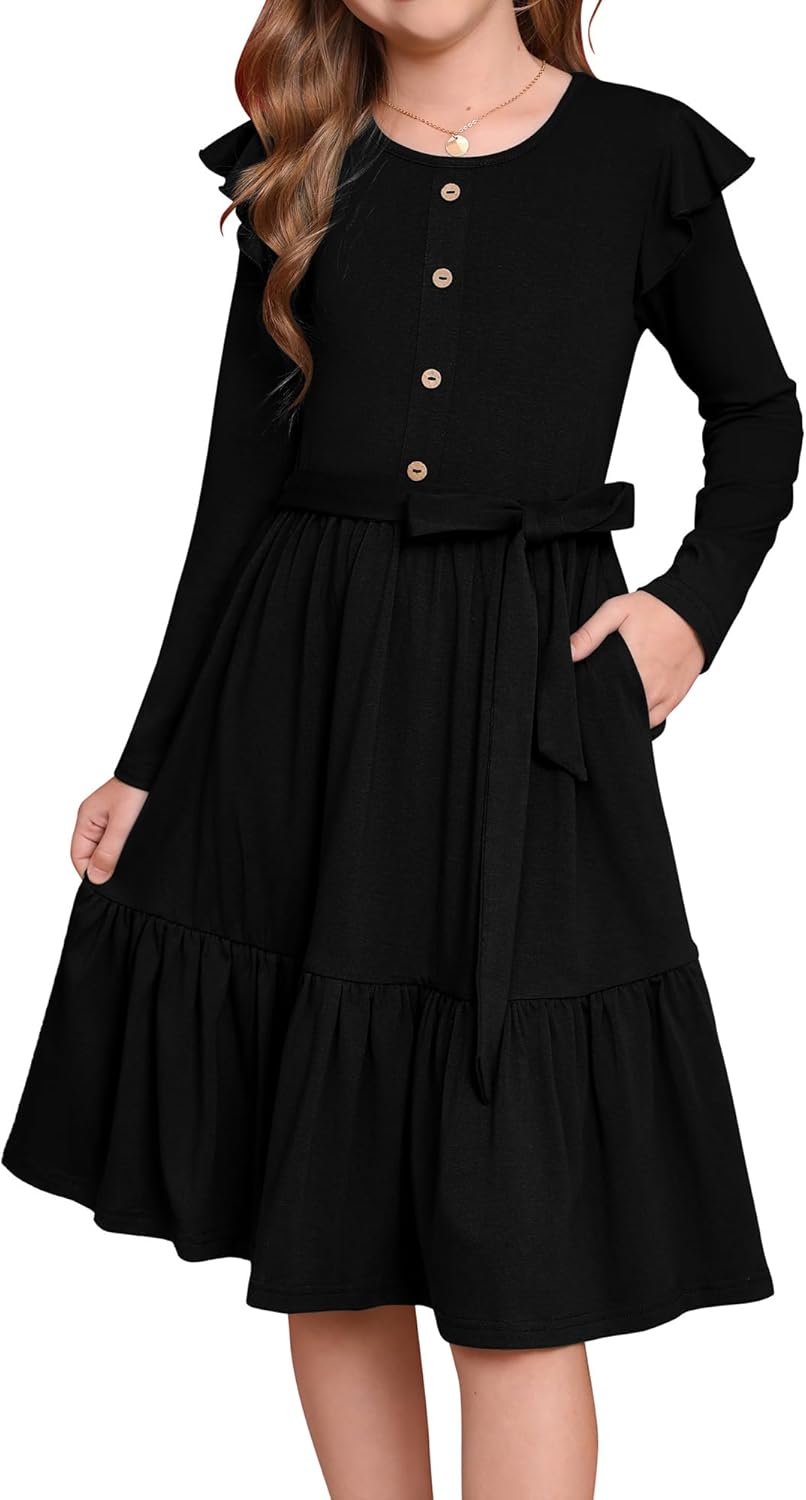 GRACE KARIN Girls Fall Long Sleeve Dress for Girl Rullfe Button Casual Flowy Tiered Dresses with Pocket 6-14Years