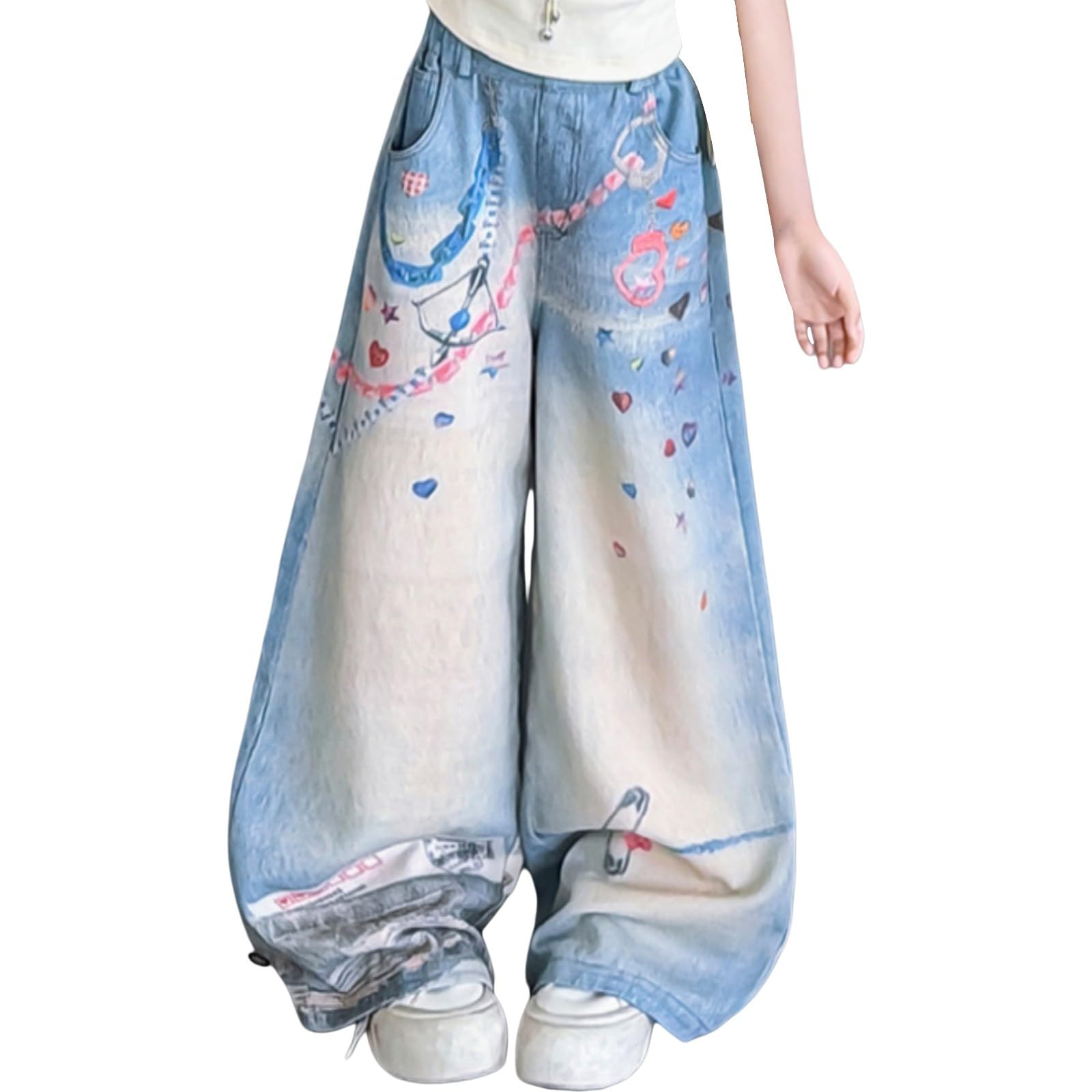 Generisch Mädchen Jeanshose Modische Bedruckte Jeans Beiläufige Lange Hosen Print Straight Lockere Passform Pants Freizeithose Y2K Streetstyle Streetwear Denimhose