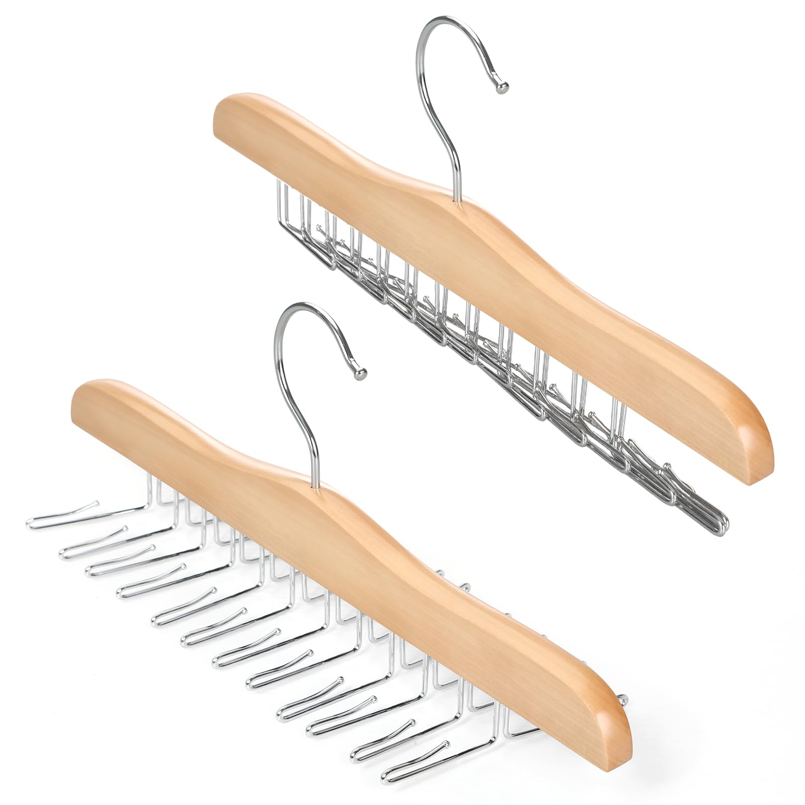 TOPIA HANGER Tie Rack Hanger for Closet, Wooden Tie Organizer for Men with 24 Folding Hooks, Space Saving Necktie Holder for Storage and Display Bra, Tank Top, Camisole (2-Pack), Natural- CT14N-2
