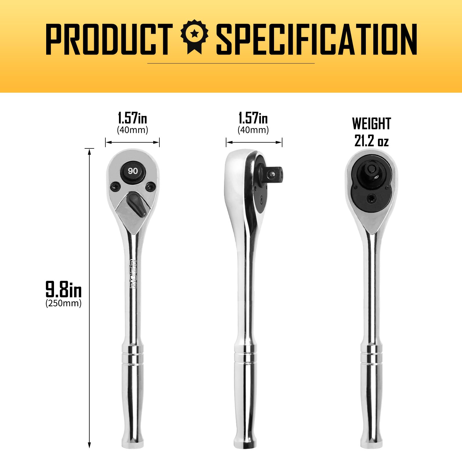 boen 1/2-Inch Drive Ratchet, 90-Tooth Quick-Release Ratchet Wrench, 4-Degree Swing, Reversible, Chrome Alloy Made, Full Polished