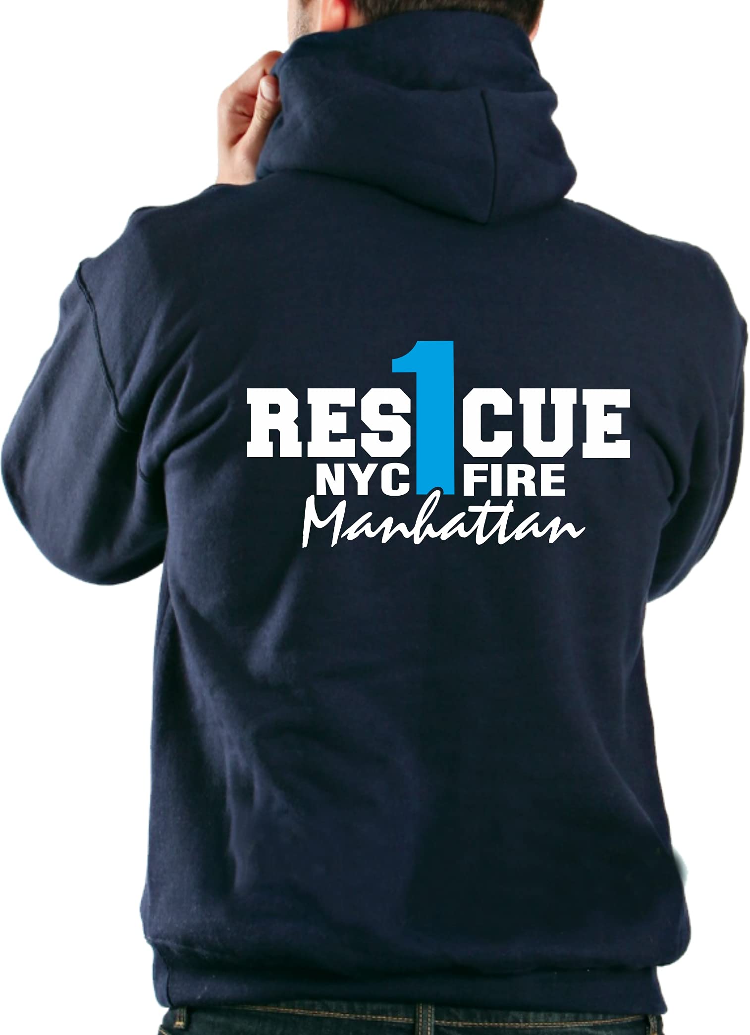 Manhattan New York Fire Brigade Hooded Sweatshirt Navy Rescue 1 (Blue)