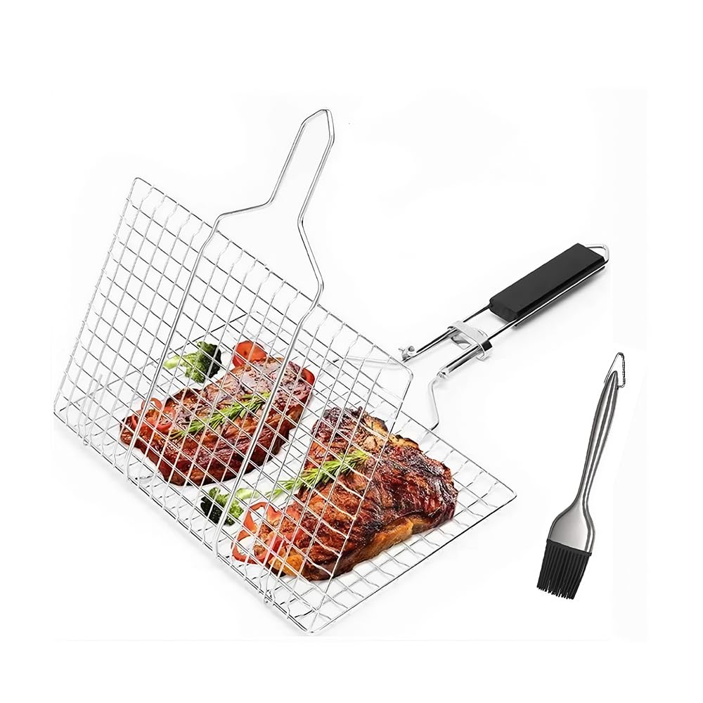 Fish Grilling Basket, Portable BBQ Grill Basket with Basting Brush