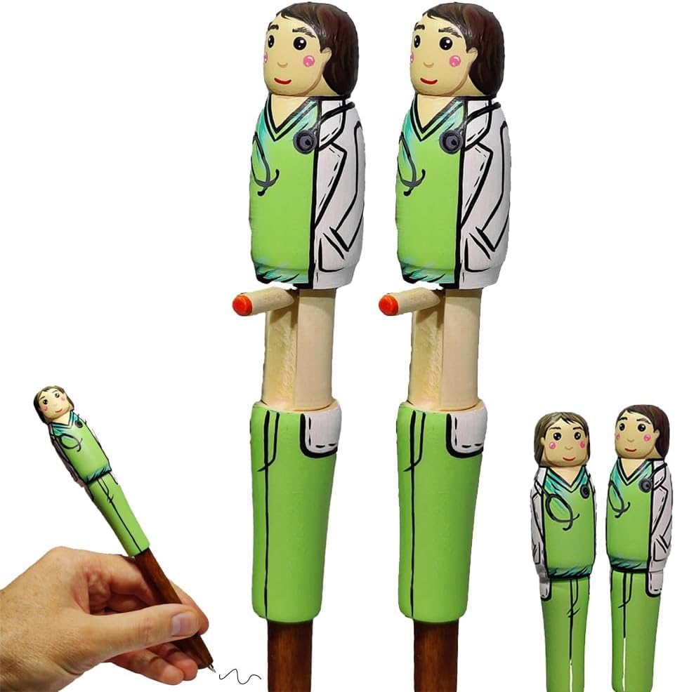 Funny Nurse/Doctor Pen Gift, Unique Wooden Puppet Ballpoint Pen, Warm And Humorous Stand Pen Decorations, Personalized Nurse Gifts for Women and Men (2pcs)