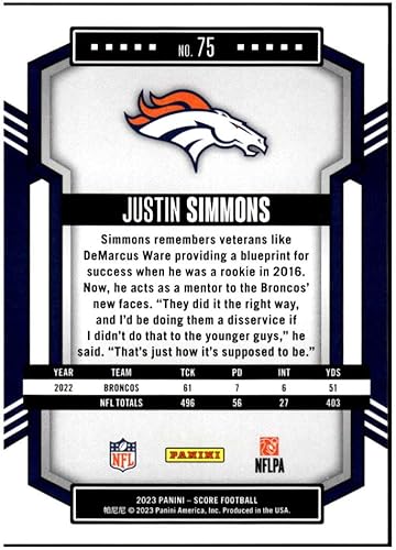 Miniatura 2 de JUSTIN SIMMONS 2023 Score #75 NM+-MT+ NFL Football Broncos
