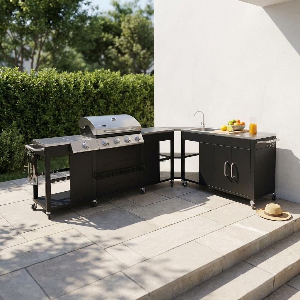 Alice's Garden - Barbacoa de gas, cocina de exterior - Rochefort - Barbacoa de 5 quemadores con fregadero, tabla de cortar, utensilios, superficie de trabajo y termómetro