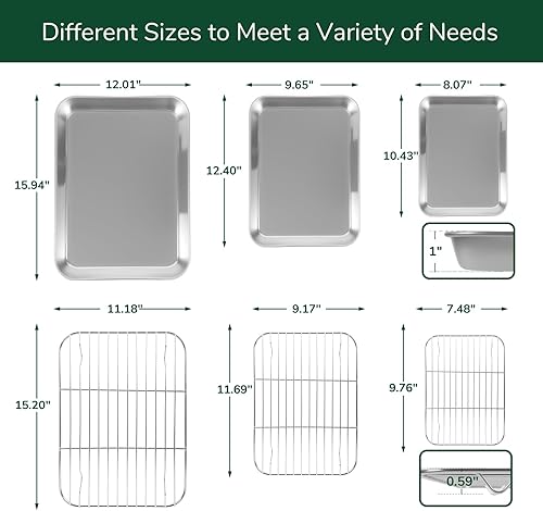 Miniatura 6 de Juego de 6 bandejas para hornear de acero inoxidable 180 con estante de enfriamiento, aptas para horno, no tóxicas, para hornear, sin revestimiento