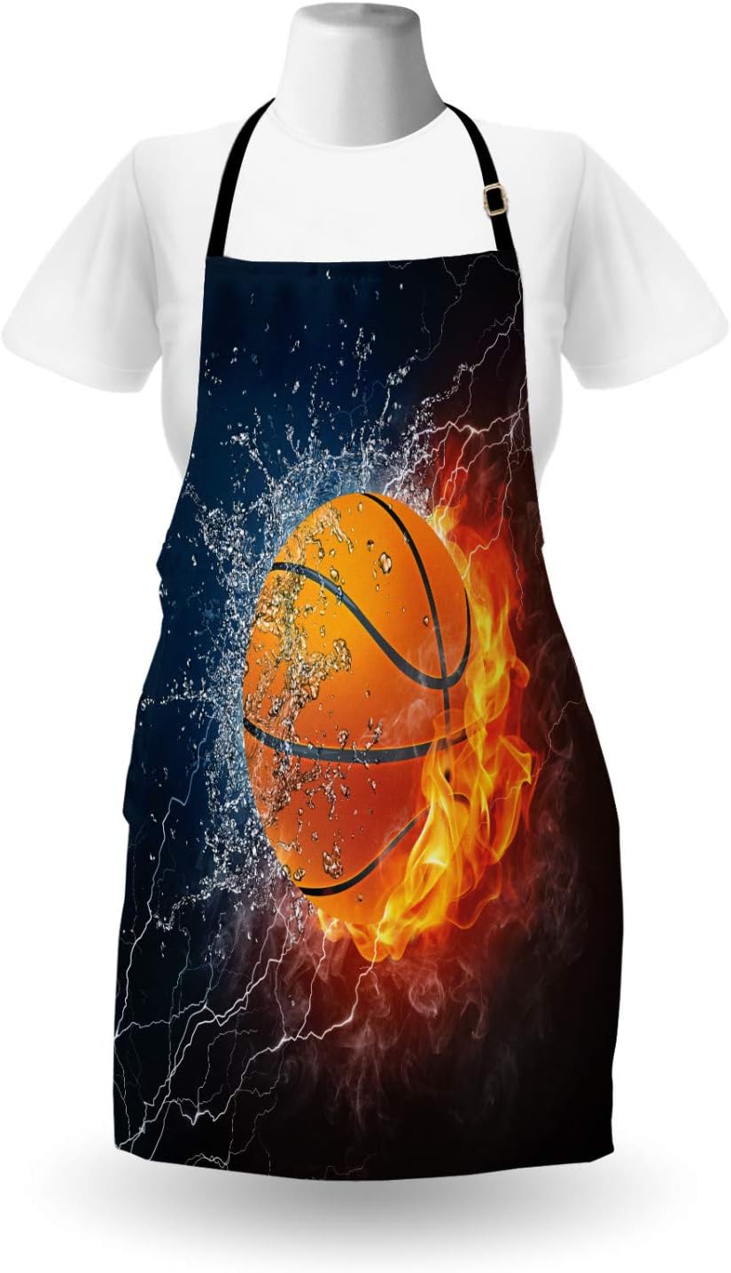Lunarable Sports Apron, Basketball Ball and Water Splashing Thunder Lightning Themed Design, Unisex Kitchen Bib with Adjustable Neck for Cooking Gardening, Adult Size, Blue Burgundy