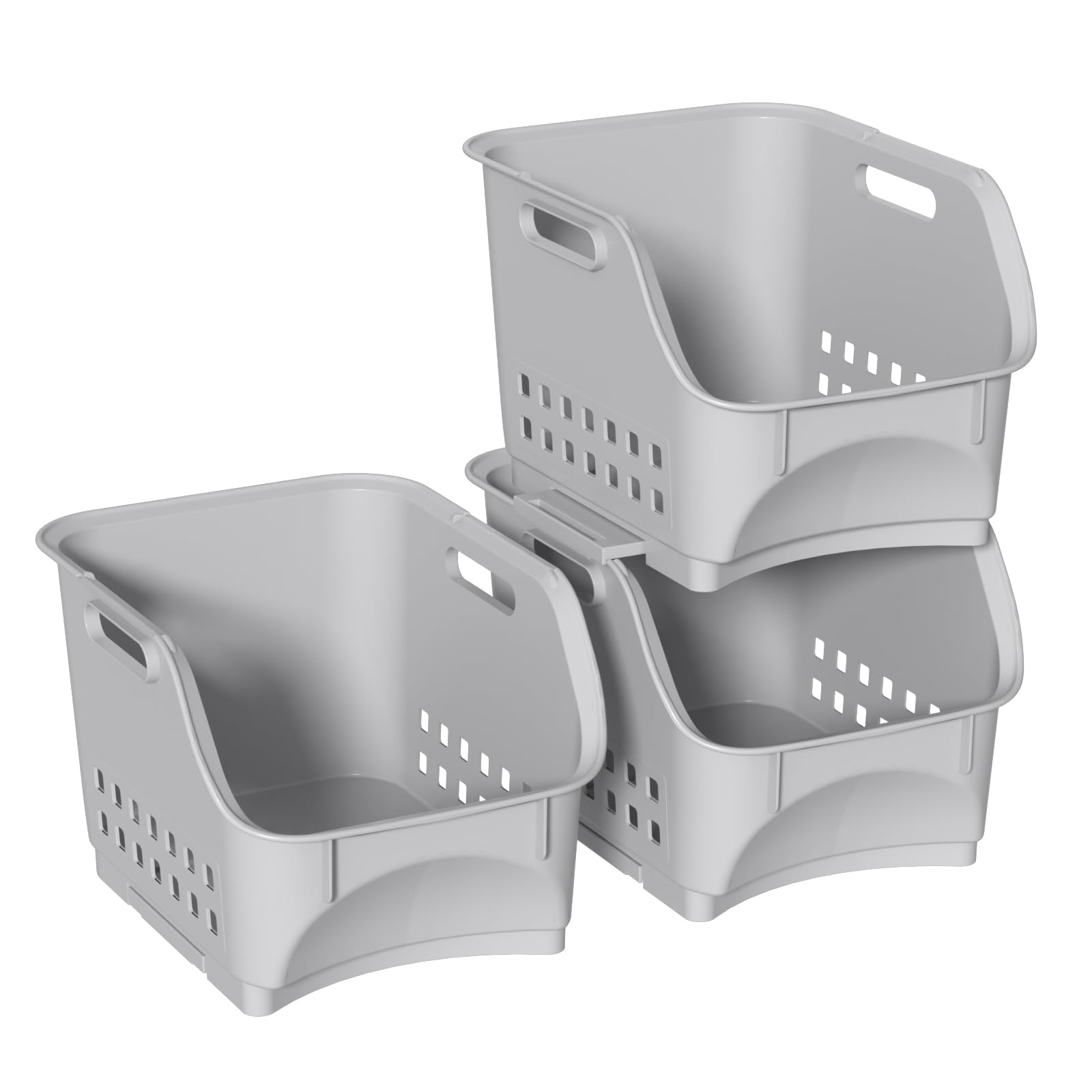 Paquete de 3 cestas de almacenamiento frontales abiertas, cestas apilables de plástico para organizar frutas, verduras, condimentos, color gris