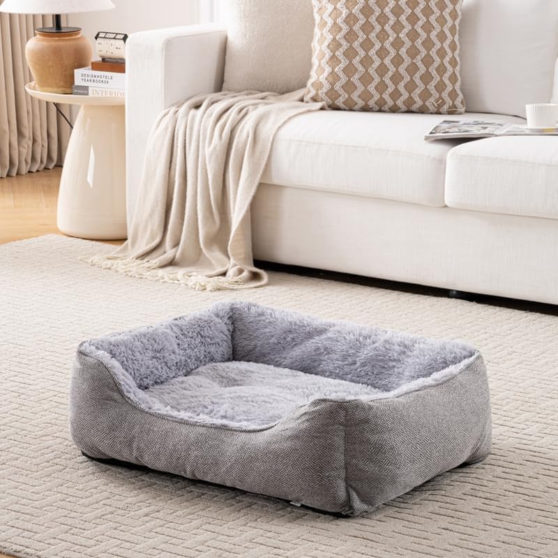 Happy Pets Luxury Orthopedic Pet Bed, F-Corduroy Foam, Brown or Light Gray Square Nest Bolster Design, Machine Washable Cover, for All Breeds (35" x 25" x 9", Light Gray Twill Square Nest)