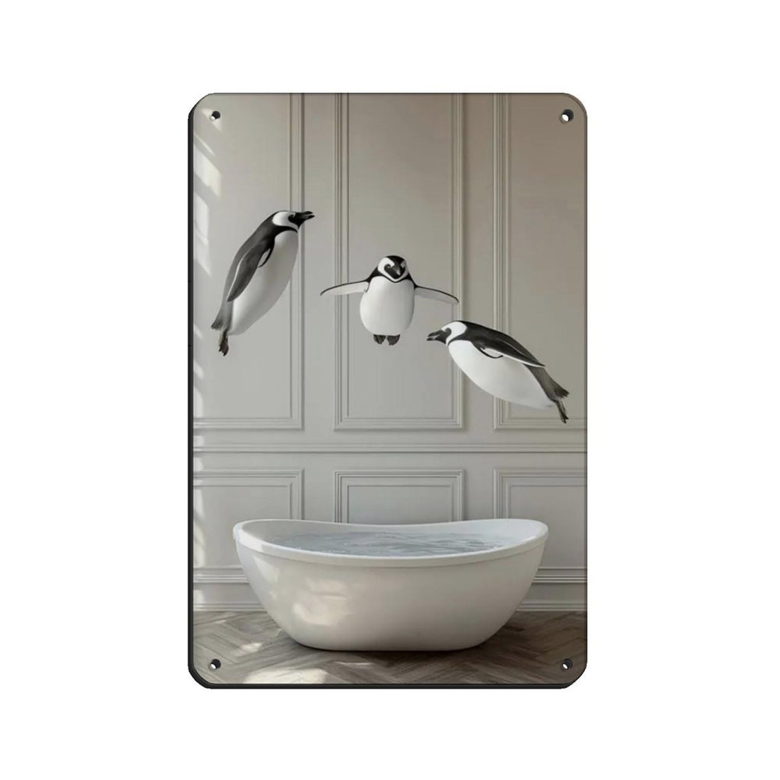 Penguins Jumping Into Bathtub, Bathroom Art Retro Poster Metal Tin Sign Chic Art Retro Iron Painting Bar People Cave Cafe Family Garage Poster Wall Decoration 8x12inch(20x30cm)