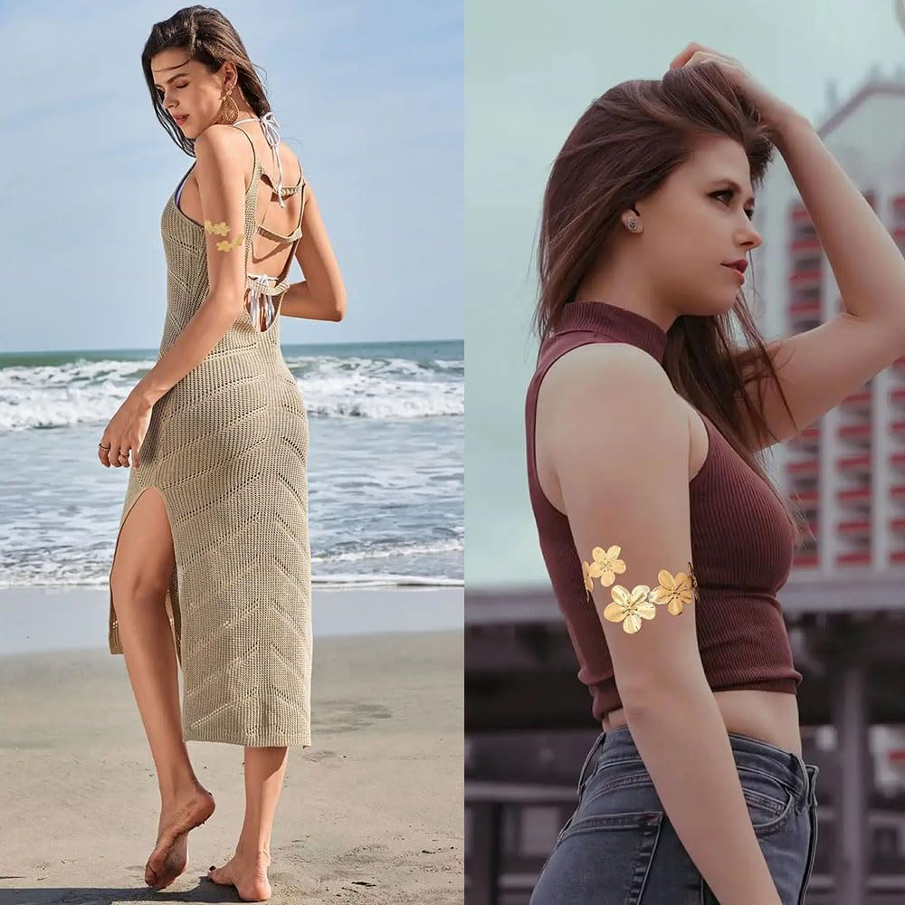 Chunky Gold Flower Upper Arm Cuff Bracelets For Women Gold Adjustable Declaration Flowers Arm Cuff Delicate Summer Jewelry For Women - Image 2