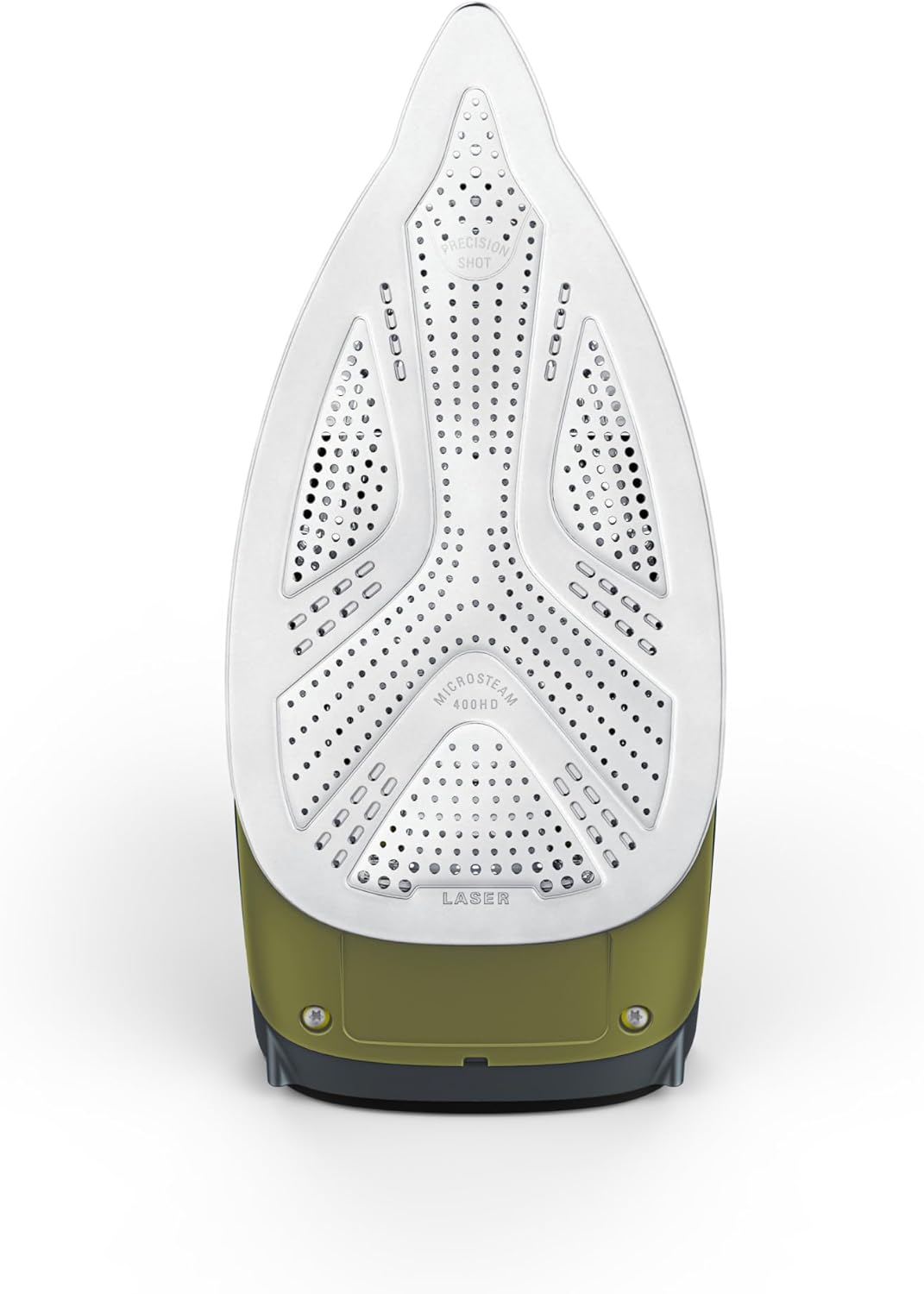 Underside of the Rowenta Energy Force 70 steam iron showing the MicroSteam 400HD soleplate with numerous steam holes.