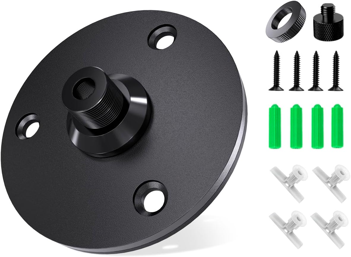 Microphone Flange Mount with Rubber Padding – 5/8-27 Metal Mic Mount, Table & Wall Mount Bracket with 3/8 Adapter and Screws, Ideal for Podium Gooseneck Mic Stand, Studio and DIY Setup
