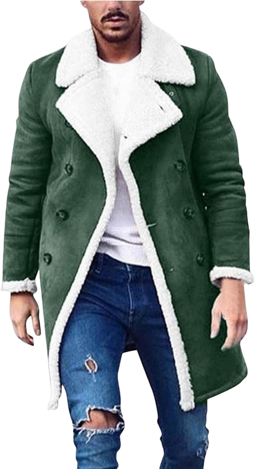 Trench Coat Men Casual Fleece Sherpa Lined Jackets Winter Warm Faux Fur Collar Long Coats Big and Tall Outwears Pockets