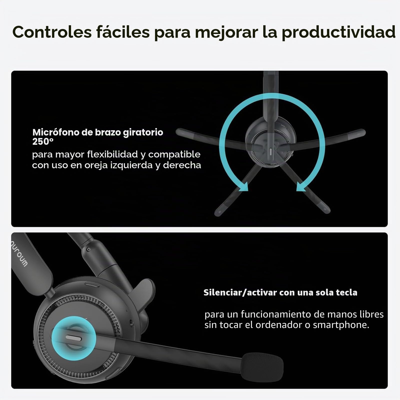 Nuroum HP31S(3rd Gen)Auriculares Bluetooth Inalámbricos con Micrófono para PC,USB Dongle/Base de Carga/V5.4/45H Duración/Modo Silencio,Cascos con AI Micrófono Cancelación para CallCenter/Teams/Oficina