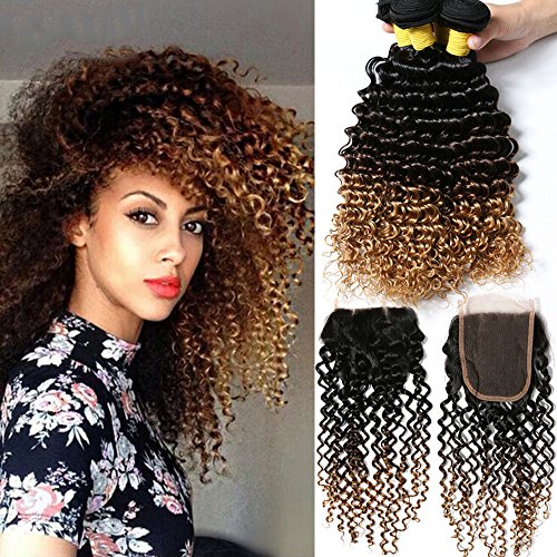 Hairitory Hair Peruvian Kinky Curly Virgin Hair With Closure Ombre 3 Bundles Deep Wave Human Hair Weave With Lace Closure # 1b 4 27 (12with 12 14 16, 1B/4/27)
