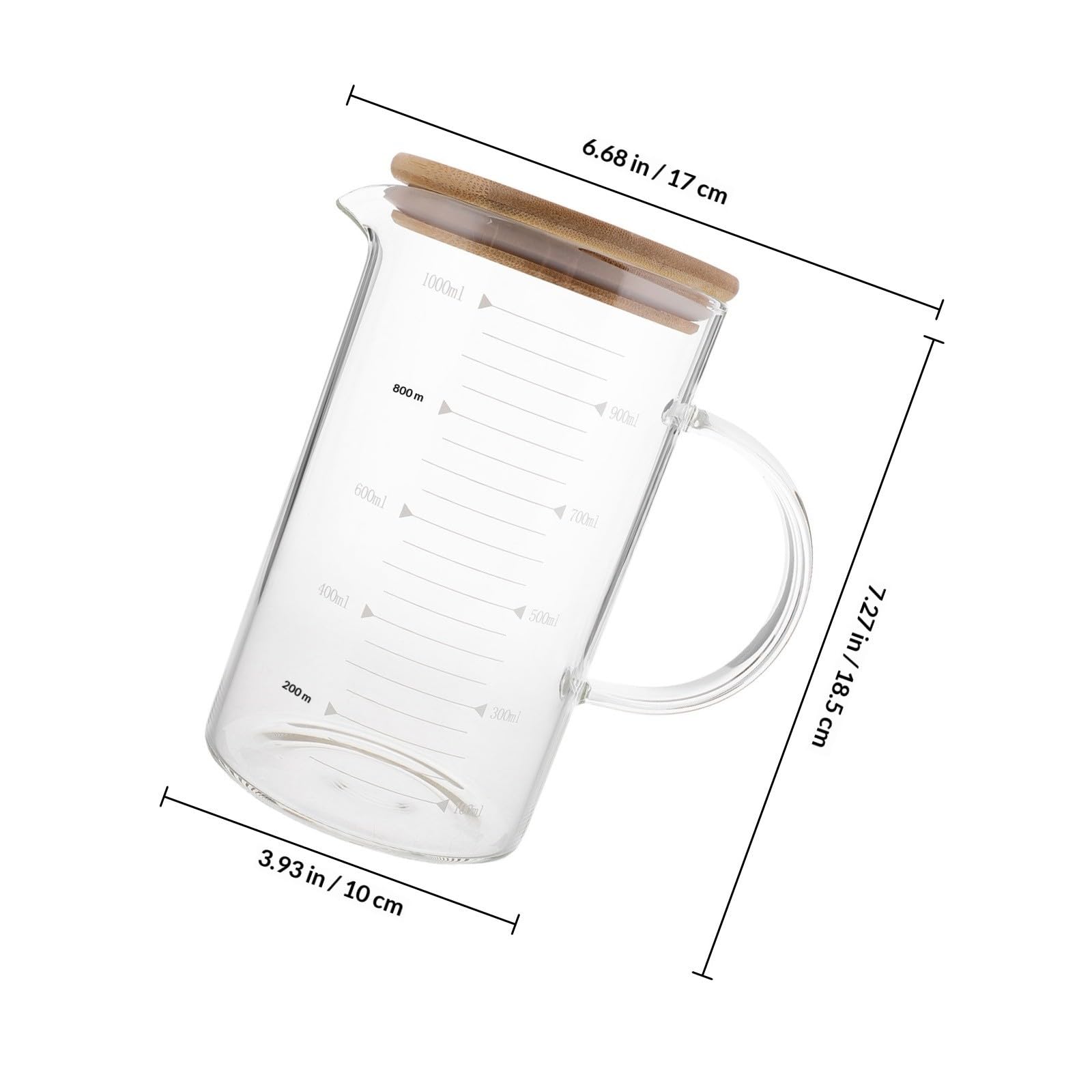 Gadpiparty Pichet Mesures Claires, Taille Pratique pour Design Élégant Doseur en Verre 1000 Ml avec Couvercle en Bois et Usage Cuisine Réception D'invités