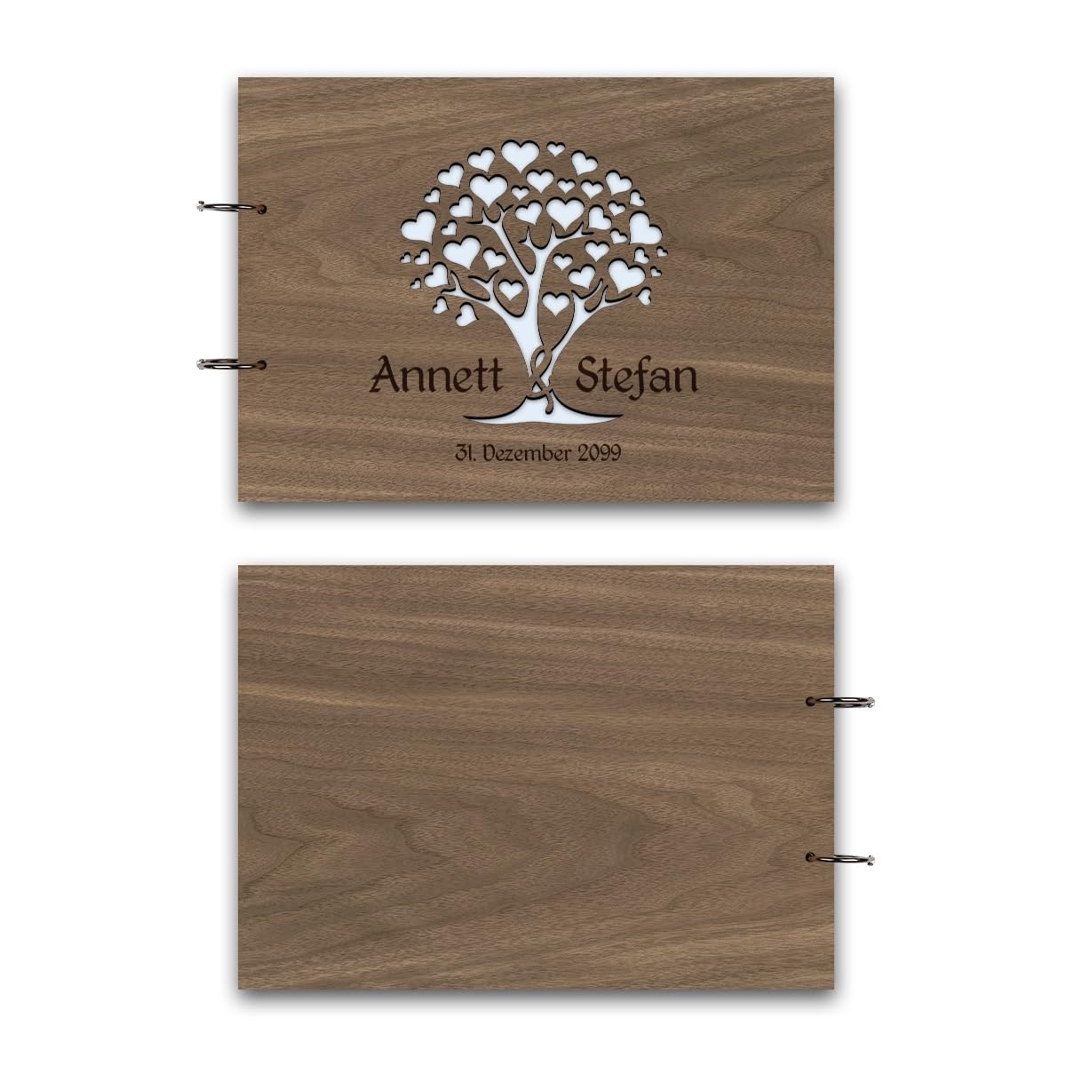 Kartenmachen.de Personalisiertes Hochzeit Gästebuch echtes Holz DIN A4 Hochzeitsbuch mit Lasergravur - Herzbaum - mit 72 Blatt / 144 Seiten Naturpapier Weiß