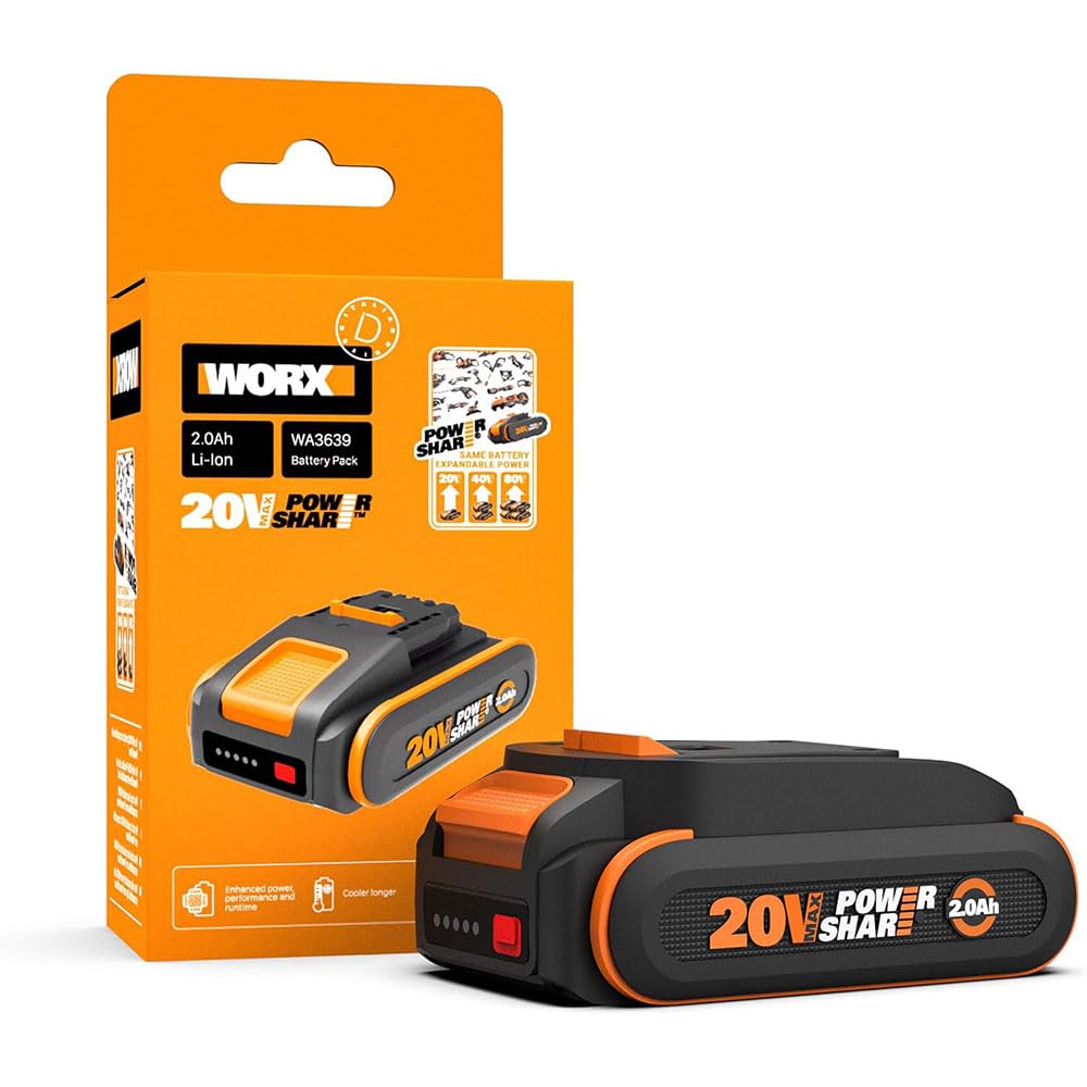 WORX WA3639 PowerShare 20V 2.0Ah Li-ion Battery with Charge Indicator and Overcharge Protection