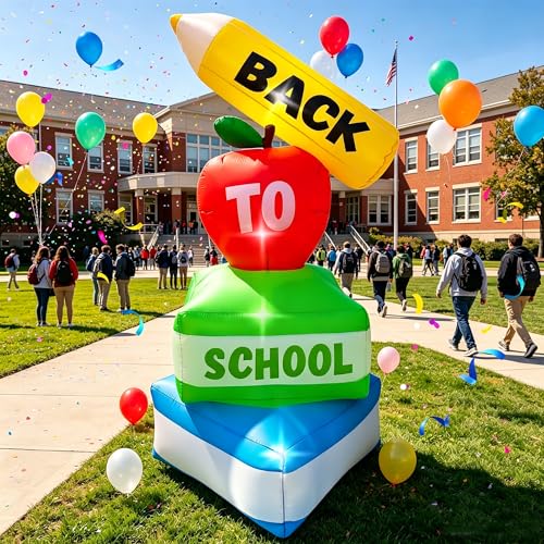 Welcome Back to School Inflatables Outdoor Decoration 5FT Inflatable Books Apple Pencil Decor Build-in LED Blow Up for Indoor Outdoor School Party Kindergarten Preschool Graduation