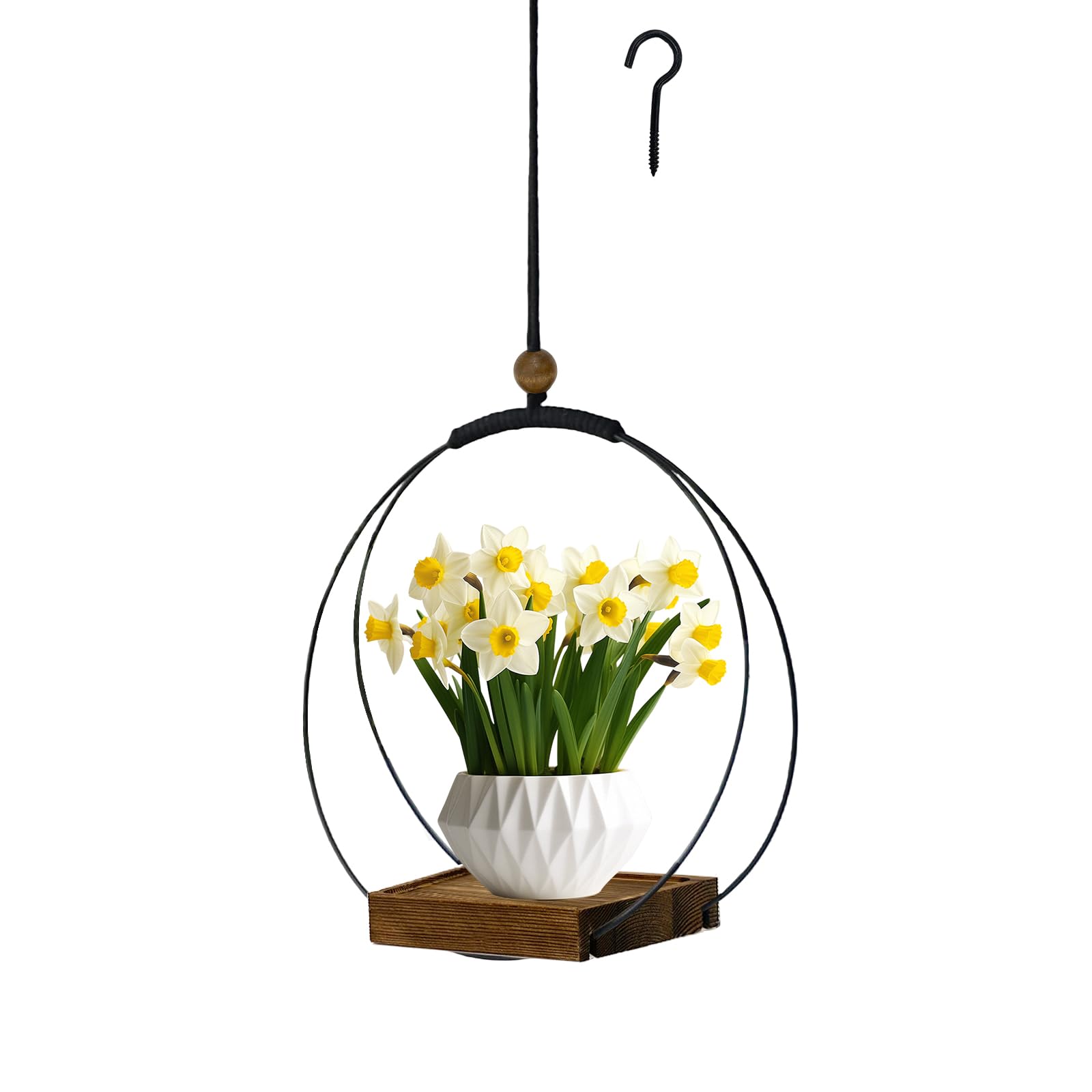 Suspension d'intérieur - Suspension moderne en macramé avec base en bois robuste - Décoration murale et plafond pour la maison - Parfait pour les plantes d'intérieur et les pots (plantes non incluses)