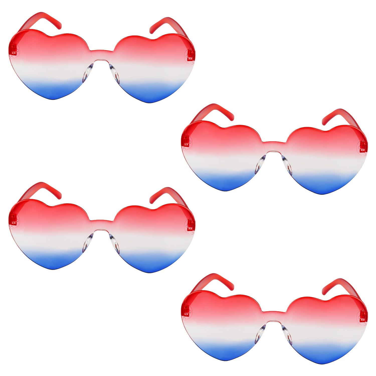 4PCS Red White Blue Heart Sunglasses,Rimless Party Eyewear Fashion Decor