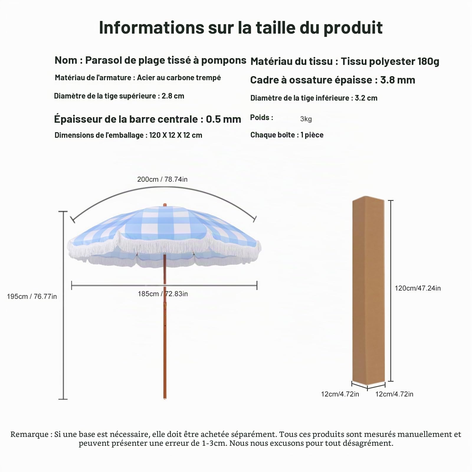 Parasol de Plage à Carreaux avec Franges Parasol de Jardin Vintage Inclinable à 45 Degrés UPF 50 Plus Grand Extérieur Portable Terrasse Pique-Nique