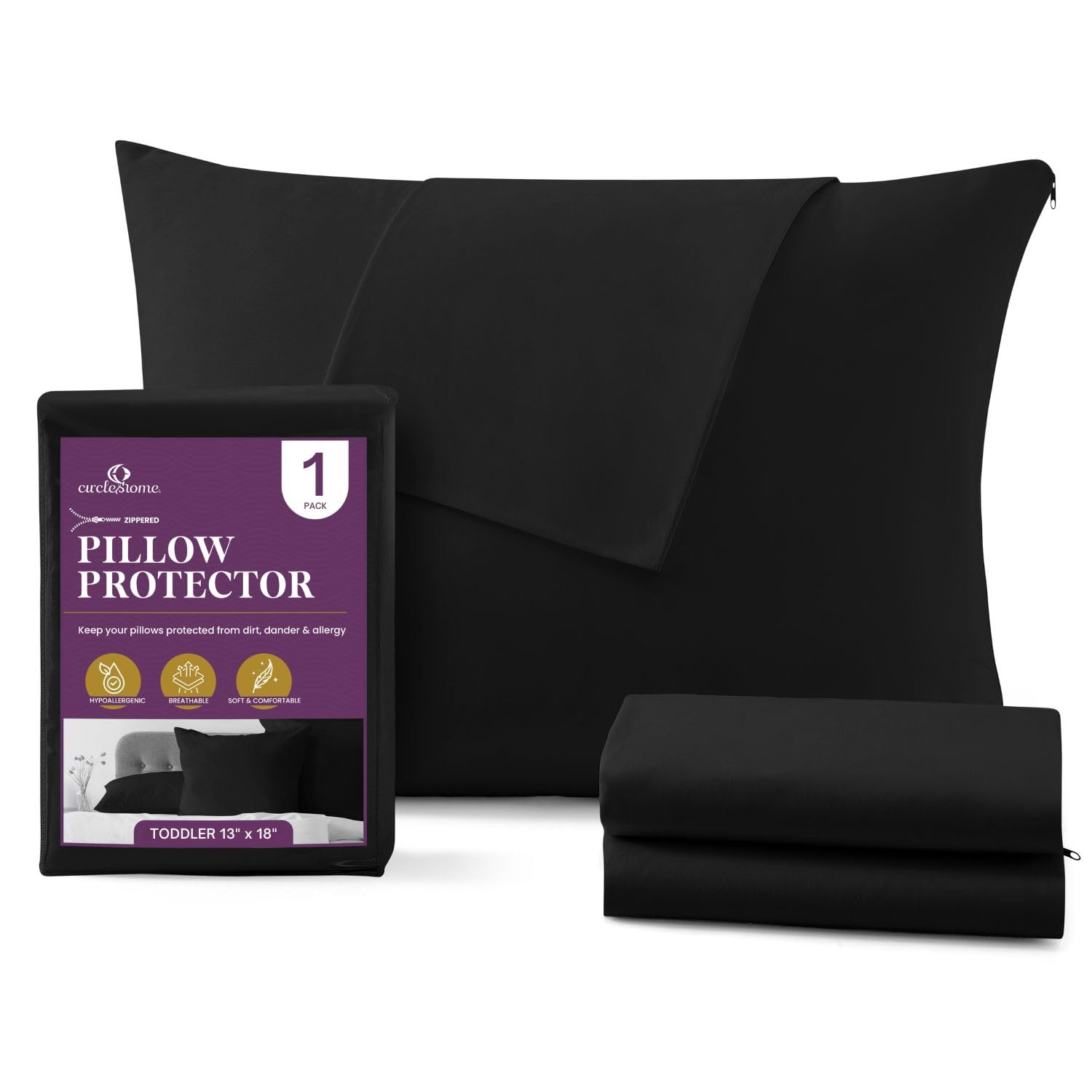CirclesHome Toddler Pillow Protector with Zipper, 100% Cotton, 13x18, Black