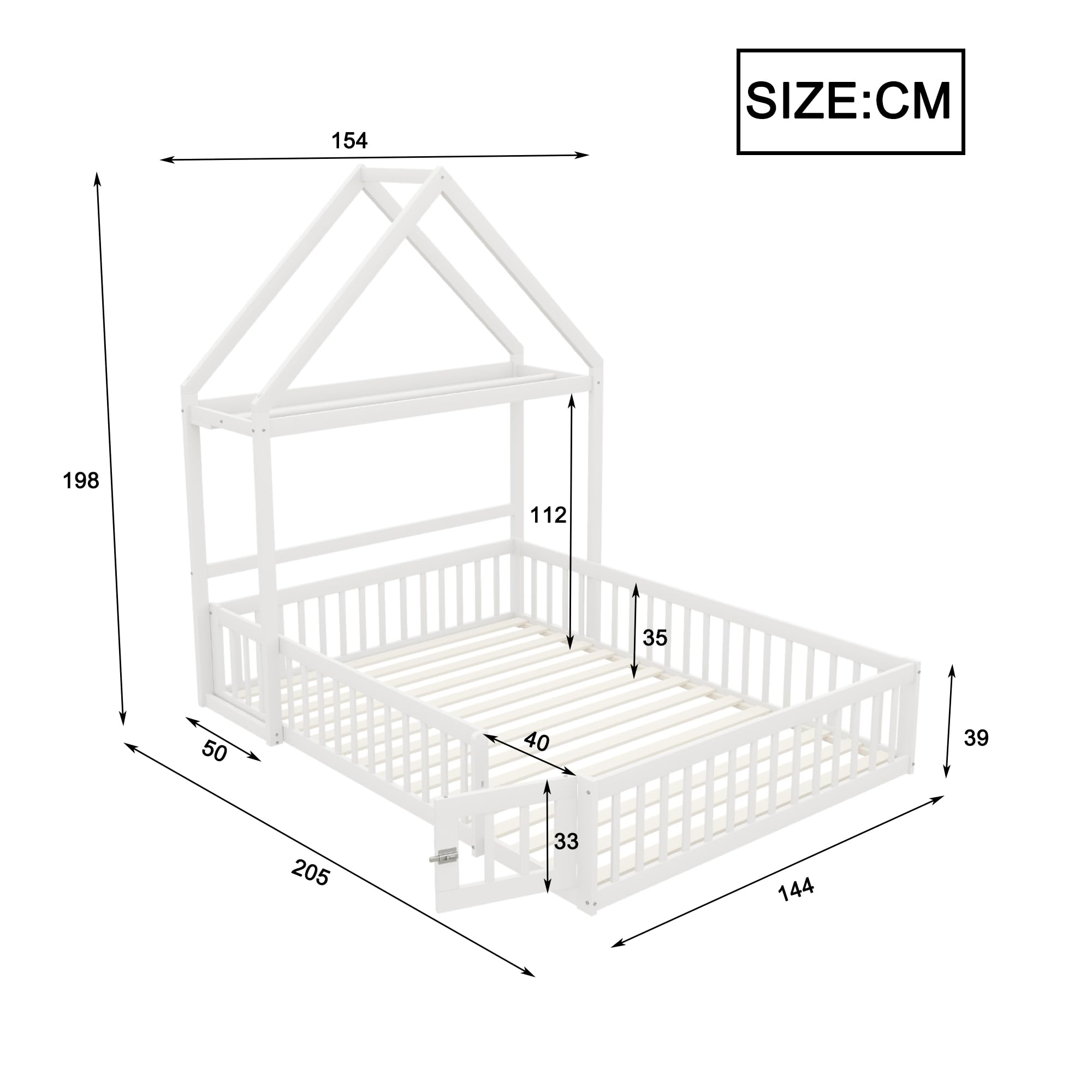Merax Lit Enfant 140x200 cm Cabane au Sol avec Protection Antichute et Rangement Blanc