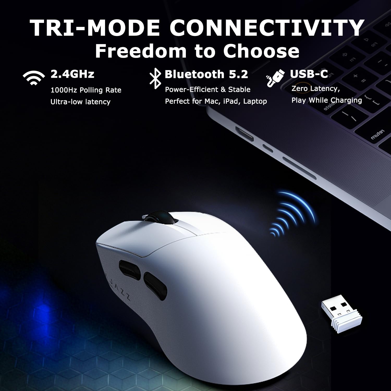 AJ179 V2 Mouse da gioco wireless, Tri-Mode 2.4G/Bluetooth/Wired, batteria 800mAh all'interno di un guscio ultraleggero da 61 g, 24000 DPI, 6 pulsanti programmabili, ergonomici per destrorsi, memoria
