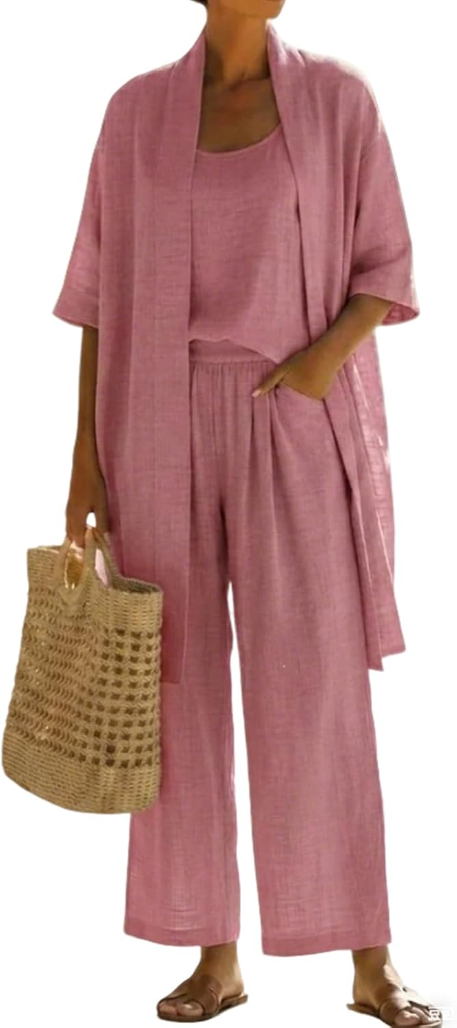 Linen-cotton Three-piece Set - Comfortable For Everyday Wear, Women Solid Casual Loose Outfit Spring Summer Wear