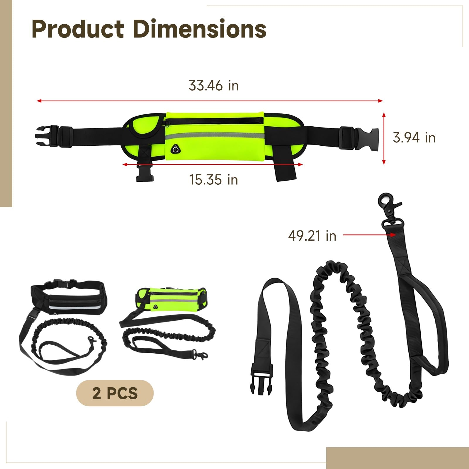 Lot de 2 laisses pour Chien Mains Libres avec Poche zippée, Laisse élastique, Sac Banane pour Running, Ceinture réglable, Poche pour téléphone et clés, Laisse de 125 cm