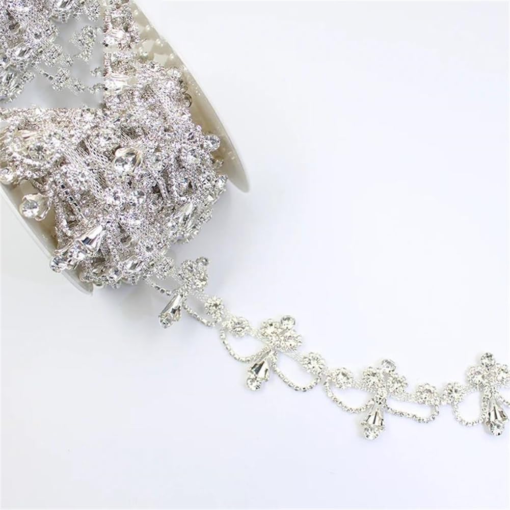 1/5Yards 3.2CM Trumpet Flower Crystal Chain Trim Decorative Webbing for Clothing Shoes Hat Silver 5Yards