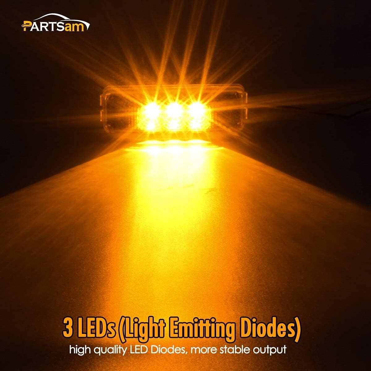 Partsam 12pcs 3.9 inch Amber 3LED Side Marker Light Universal 12V 2 Wires Sealed Assembly, Thin line Faceted LED Trailer Truck Clearance or Side Marker Lights w Mini Reflectors
