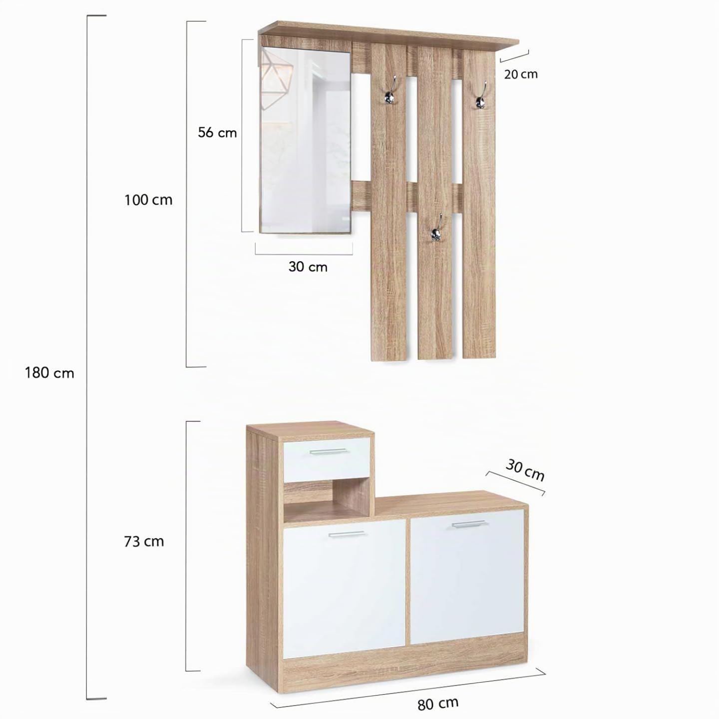 IDMarket - Mobile da ingresso, appendiabiti con specchio, design in legno faggio e ante bianco PAULIN