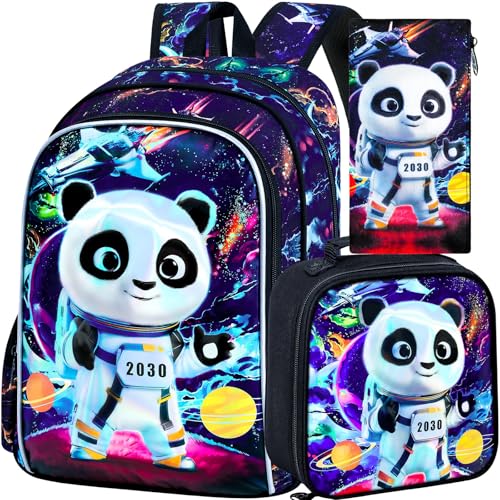 Image of Backpack for Boys, 16 inch Kids Panda Bookbag with Lunch Box, 3Pcs Space School Backpacks for Elementary Preschool Kindergarten (Black)