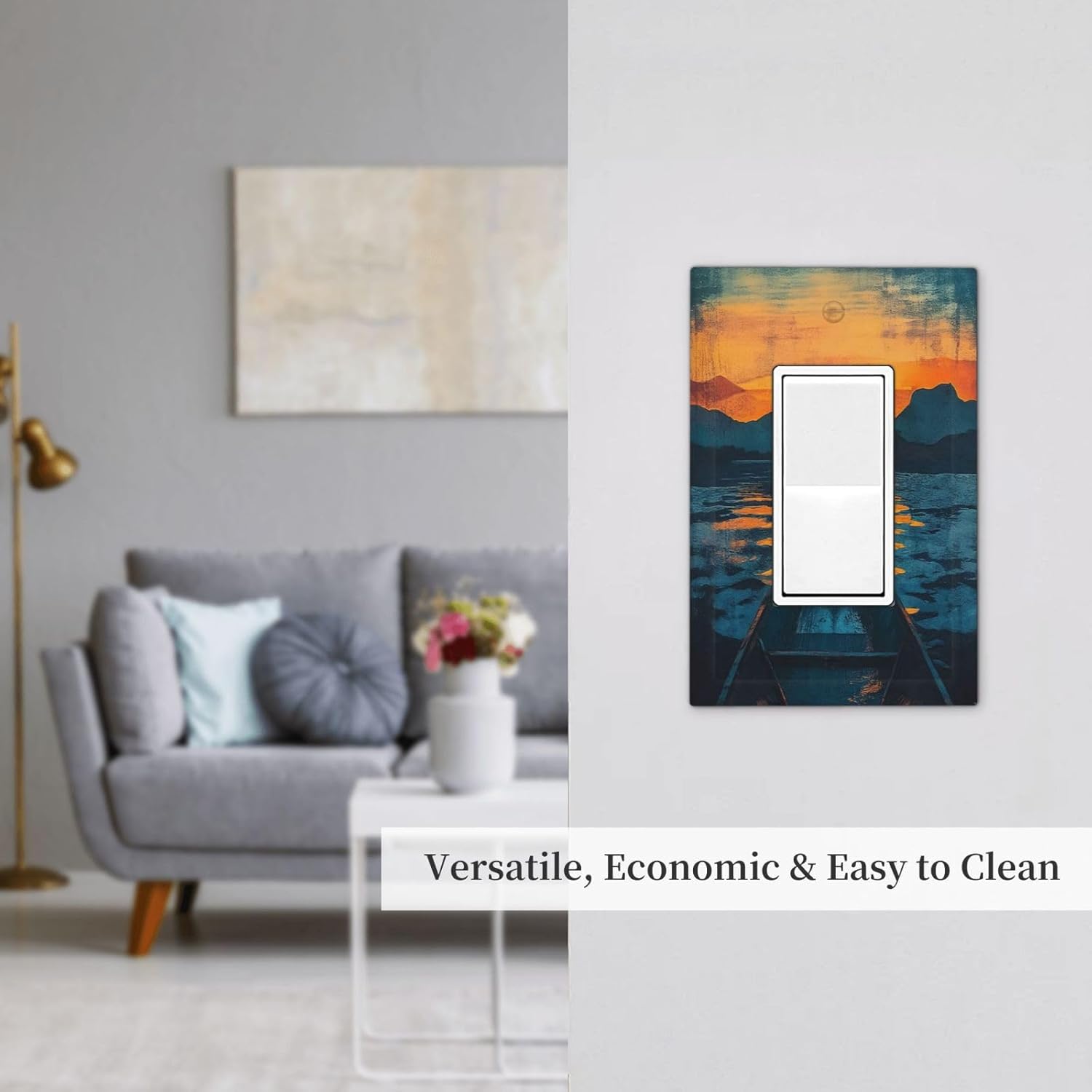 Abstract Realism Sunset Boat Lake Mountains Art Illustration Decorative Outlet Covers 1 Gang Single Rocker Wall Plates GFCI Faceplate Light Switch Cover Plate for Bedroom Kitchen Decor
