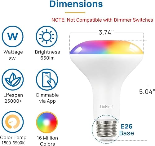 Miniatura 2 de Linkind Bombillas inteligentes BR30, bombillas de inundación WiFi compatibles con Alexa y Google Home, RGBTW bombilla que cambia de color,