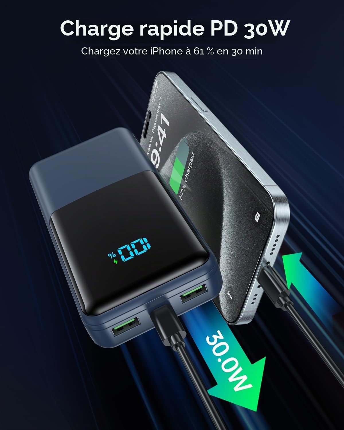 Coblob Batterie Externe, 30W 27000mAh Power Bank, Batterie Portable USB C (Entrée/Sortie) PD3.0 QC4.0 Charge Rapide Chargeur avec Affichage LCD Compatible Smartphones Tablets Watches etc. (Bleu Foncé)