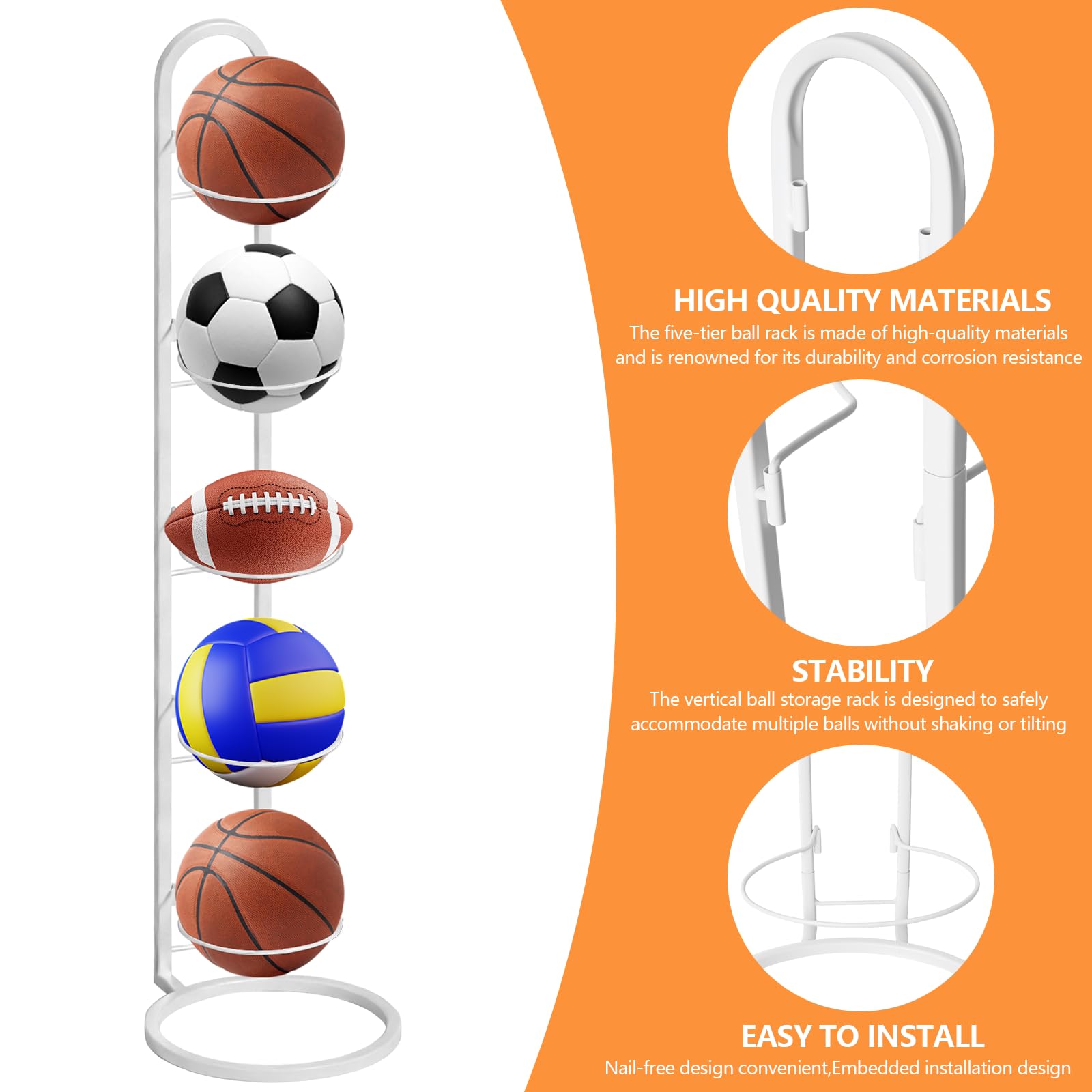 Support Ballon Basket 5 Niveaux en Métal Blanc,Porte Ballon Amovible pour Football/Basket/Volley - Organisation Garage & Équipement Sportif - Casier de Rangement de Balles